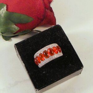 Judith Ripka Sterling Silver Ring With Red/Orange Cabochon Cut CZ Stones